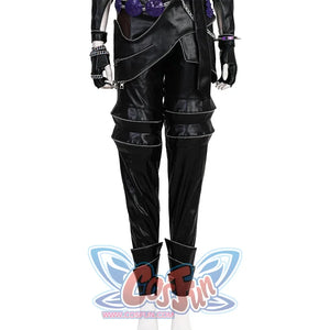 Zoey Cosplay Costume KILLER Black Suit's pants is made of black PU leather, multiple leather straps are tightly connected by zippers, creating a wavy effect, with zippers and rolled cuffs at the hems.