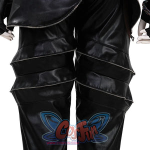 Zoey Cosplay Costume KILLER Black Suit's pants, multiple leather straps are tightly connected by zippers, creating a wavy effect, with zippers and rolled cuffs at the hems.