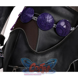 Zoey Cosplay Costume KILLER Black Suit apron is black with a mix of PU leather, purple round ornaments and metal chains on the right waist.