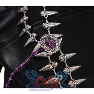 Zoey Cosplay Costume KILLER Black Suit has a metal chain decorations on the shoulders and chest, there is a purple gemstone on chain decoration.