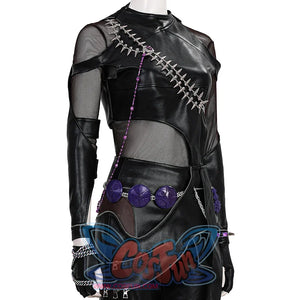 Zoey Cosplay Costume KILLER Black Suit is mainly black, with a mix of PU leather and mesh fabrics, matching PU leather glove cuffs,the top is tight-fitting, purple chain hang from shoulders to waist, purple round ornaments and metal chains on the waist.