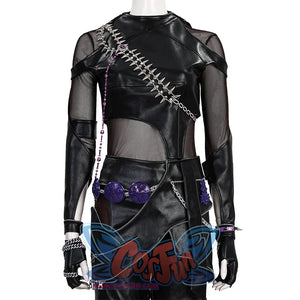 Zoey Cosplay Costume KILLER Black Suit is mainly black, with a mix of PU leather and mesh fabrics, matching PU leather glove cuffs,the top is tight-fitting, metal chain decorations on the shoulders and chest, purple round ornaments and metal chains on the waist.