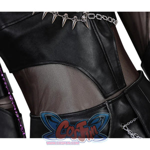 Zoey Cosplay Costume KILLER Black Suit 's top is super short with a mesh fabrics,exposing waist, matching PU leather glove cuffs.