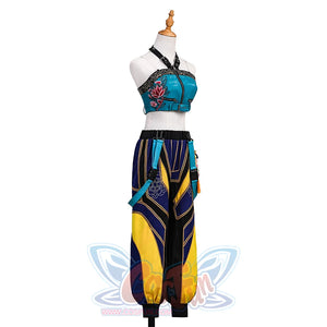 Zoey Cosplay Costume, blue, navy and yellow outfit, the right side of the suspender has floral embroidery.