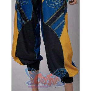 Close - up of the tapered cuffs on Zoey’s cosplay pants, showcasing blue - yellow patterns and black trim.