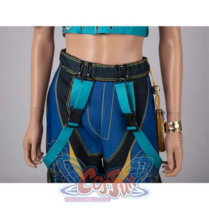 Back view highlighting the turquoise X - shaped suspenders and waist hardware on Zoey’s cosplay pants.
