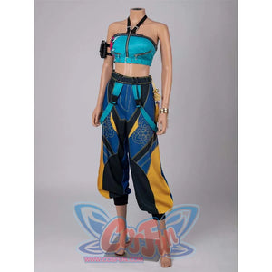 Another full - body display of the Zoey cosplay costume, highlighting the detailed top, pants, and arm accessory.