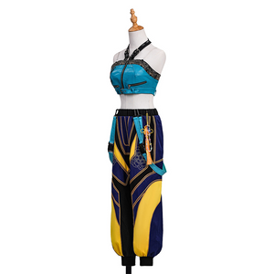 Zoey Cosplay Costume, blue, navy and yellow outfit, the left side of the pants has yellow pendant.