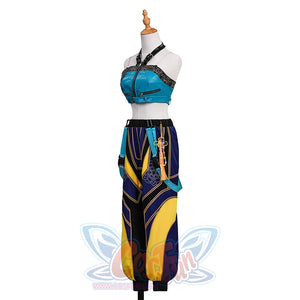Zoey Cosplay Costume, blue, navy and yellow outfit, the left side of the pants has yellow pendant.