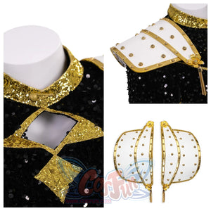 Details of the neckline and shoulder pads of the Zoey cosplay costume, showing the gold - sequined neckline, the unique cut - out design on the top, and the structure of the shoulder pads.