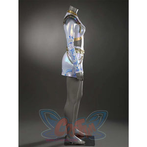 Shows the side profile of Zoey’s costume, highlighting the fitted crop top, iridescent skirt, and structured shoulder pads for a dynamic look.