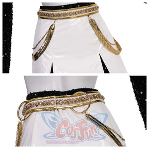 Detailed views of the belt and skirt part of the Zoey cosplay costume, showcasing the decorative belt with gold chains hanging from it on the white skirt.
