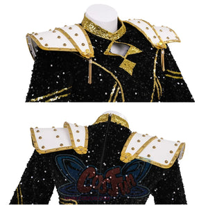 Close - ups of the shoulder pads and upper part of the Zoey cosplay costume, emphasizing the design of the shoulder pads, gold trims on the top, and the sequined fabric.