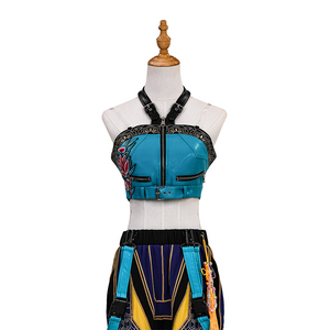 Zoey Cosplay Costume, blue and black cropped top, it features a front zipper closure.