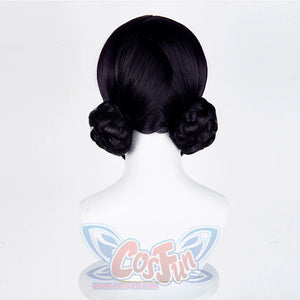 The back view of a black cosplay wig with two buns, shown on a mannequin head, along with a close-up circle of one bun’s hair strands.