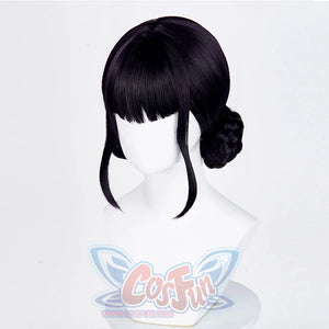 A black cosplay wig with straight bangs and a single side bun, shown on a mannequin head from the side.