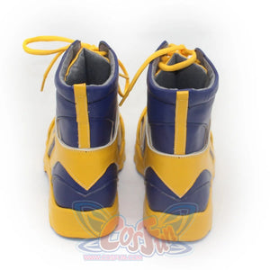 A pair of mid-top cosplay boots in blue and yellow, shown from the back with yellow laces, against a plain white background.