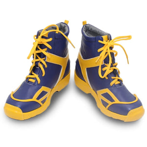 Blue mid-top cosplay boots featuring yellow details and laces, displayed from the front on a white backdrop.