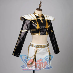Presents the complete Zoey costume, featuring a black sequin-covered top, white skirt, gold-trimmed shoulder pads, and chain accessories, showcasing its stage-ready design.