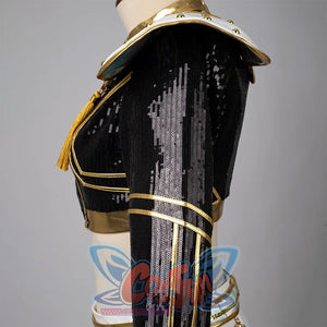 Zoey Cosplay Costume's side details, with black sequins and golden decorations.