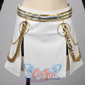Zoey Cosplay Costume 's skirt with white PU leather with golden chains.