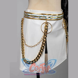 Zoey Cosplay Costume 's skirt with white PU leather with golden chains.