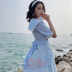 Summer Color Blocking Stripe Short-sleeved Dress - cosfun