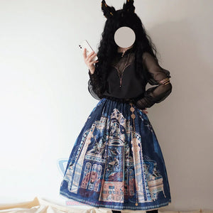 Egypt Style Simple Daily Lolita Printed Long Skirt Dark Blue / XS