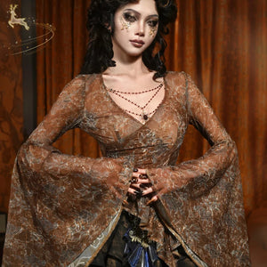 Embroidered V-Neck Mesh European Classic Ruffle Top