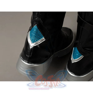 Aether cosplay boot heel detail has a turquoise panel with silver-tone edging above a gray sole.