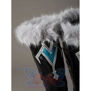 Aether cosplay boot shaft detail with gray fluffy trim above silver-tone and turquoise geometric panels.