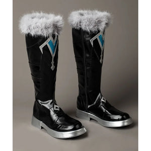Genshin Impact Aether cosplay boots angled view shows tall black shafts beneath gray fluffy trim with turquoise side panels.