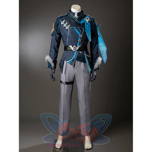 Aether cosplay coat and pants front view with turquoise trim beside a black belt and silver-tone ornaments.