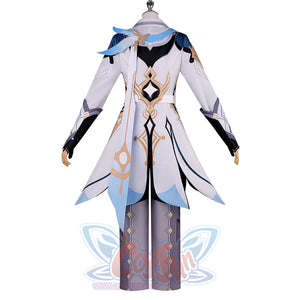 Back view of Genshin Impact Aether cosplay costume with white coat, blue shoulder panels, gray pants, gloves, and cape tails