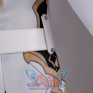 Side waist detail of Genshin Impact Aether cosplay costume with white belt, gray pants, black panel, and hanging charm