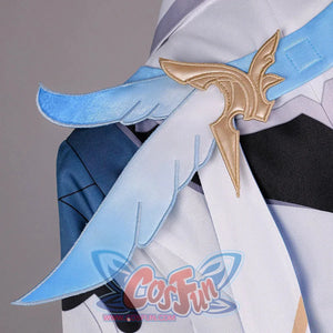 Shoulder detail of Genshin Impact Aether cosplay costume with blue fabric strip, white glove, gold ornament, and black sleeve
