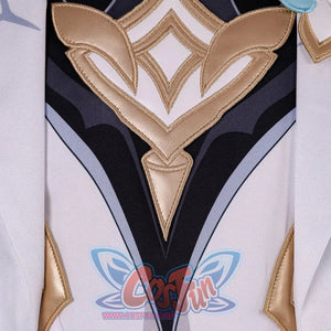 Close-up of Genshin Impact Aether cosplay costume chest emblem with gold lines, black inner top, and white coat edges