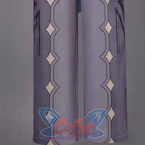 Detail of Genshin Impact Aether cosplay costume gray pants with gold diamond patterns, black vertical lines, and side seams