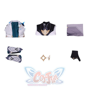 Flat lay of Genshin Impact Aether cosplay costume pieces with coat, inner top, pants, gloves, wrist guards, and headwear