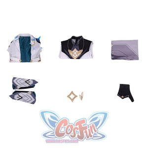 Flat lay of Genshin Impact Aether cosplay costume pieces with coat, inner top, pants, gloves, wrist guards, and headwear
