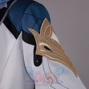 Close-up of Genshin Impact Aether cosplay costume shoulder guard with gold bird shape, blue fabric, and black sleeve