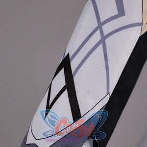 Detail of Genshin Impact Aether cosplay costume white sleeve with gray line pattern, black cuff edge, and blue trim