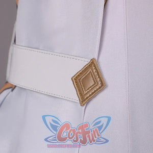 Waist detail of Genshin Impact Aether cosplay costume with white belt, gold diamond buckle, gray pants, and side seam