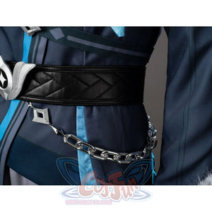 Aether cosplay waist detail with a silver-tone chain and geometric charms over a black belt.