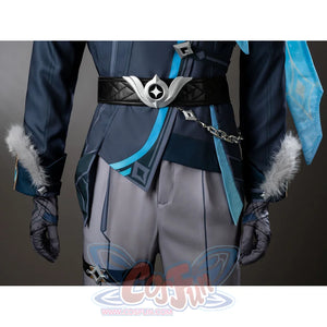 Aether cosplay waist detail centers a wide black belt with a silver-tone buckle and side chain above layered coat panels.