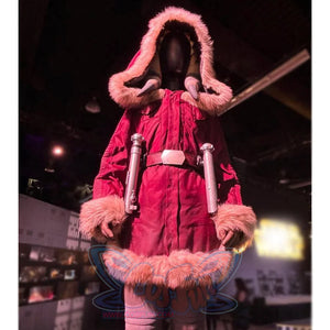 Ahsoka red coat close-up showing pale faux-fur trim around the hood and a wide silver-tone belt.