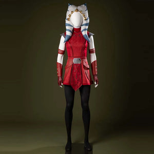 COSFUN Ahsoka Tano cosplay costume front view sets the red dress below the blue-and-white headpiece.