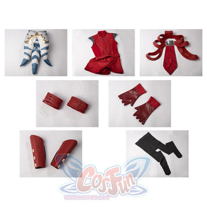 Ahsoka Tano cosplay costume flat lay arranges the headpiece, dress, gloves, guards, arm rings, and tights.