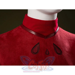 Ahsoka Tano cosplay dress collar detail frames red fabric with a slim black neckline trim.