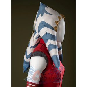 Ahsoka Tano cosplay headpiece back angle follows blue-and-white striped tails over the shoulder.